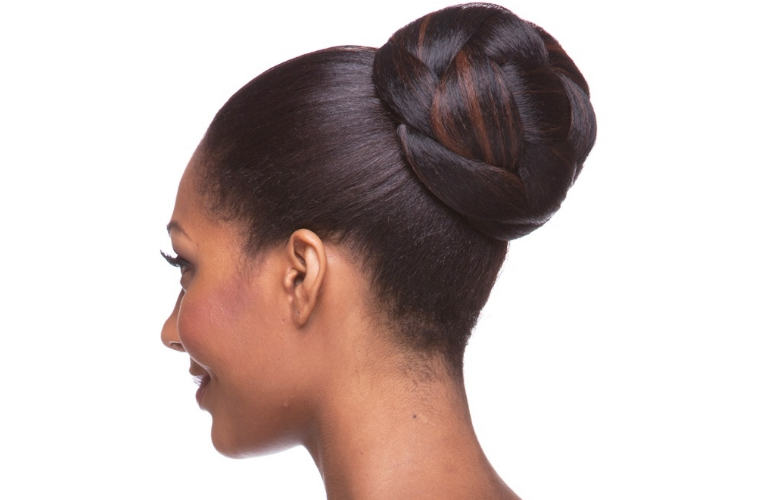 natural hair bun updo with argan oil edge control texture paste